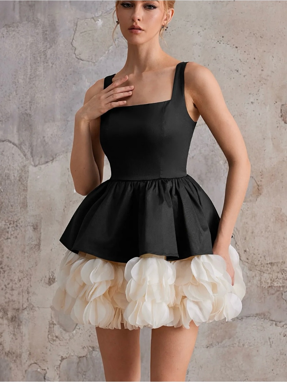 Black & Ivory Two-Tone Mini Dress with Petal Skirt